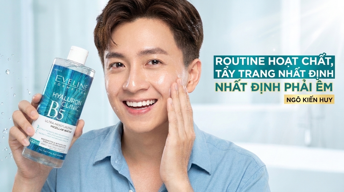 Người mẫu cầm nước tẩy trang Eveline